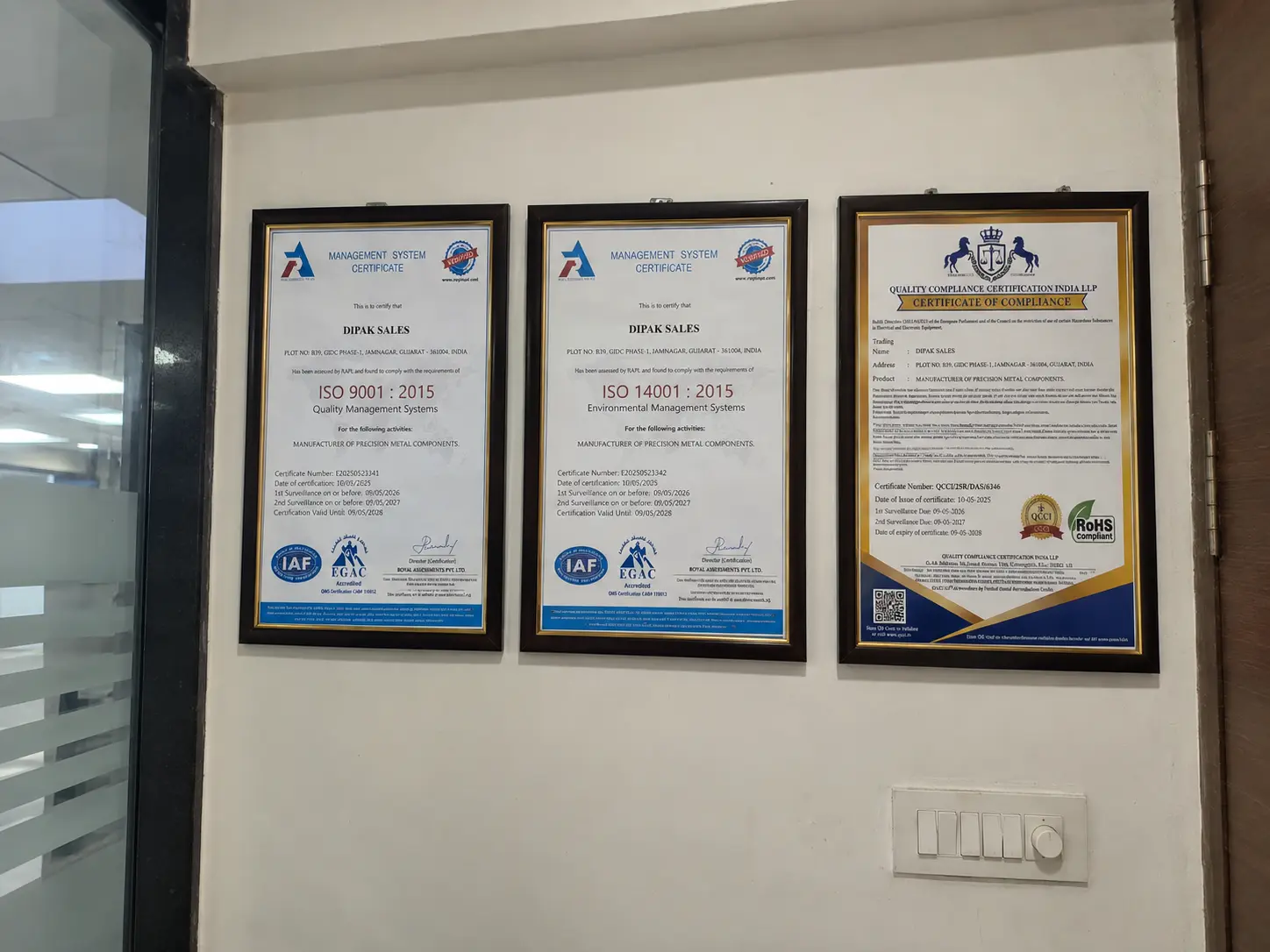 Dipak Sales ISO and RoHS certifications